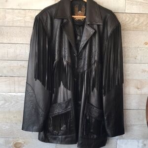 Mexican Volcano Black Leather Fringe Embossed Jacket #stampede
